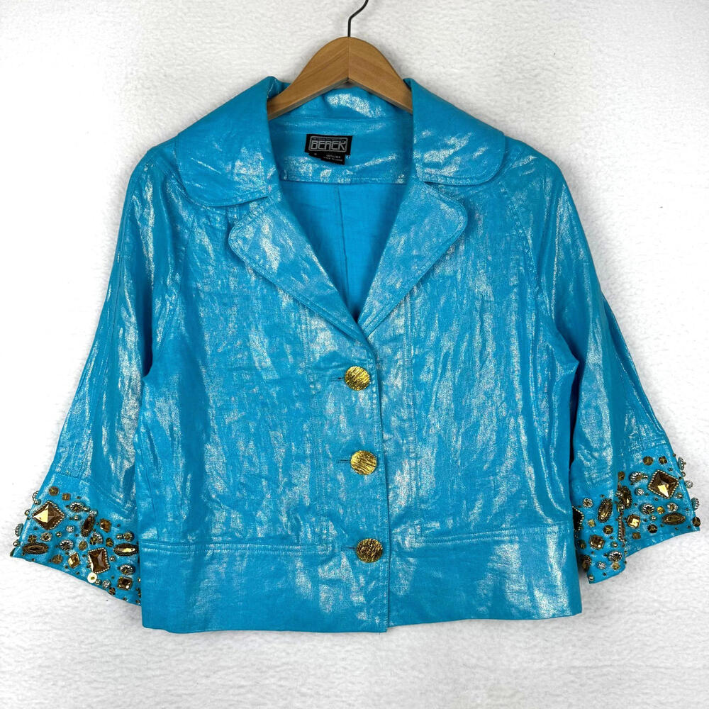 berek Shimmery Turquoise Cropped Blazer with Jeweled Cuffs